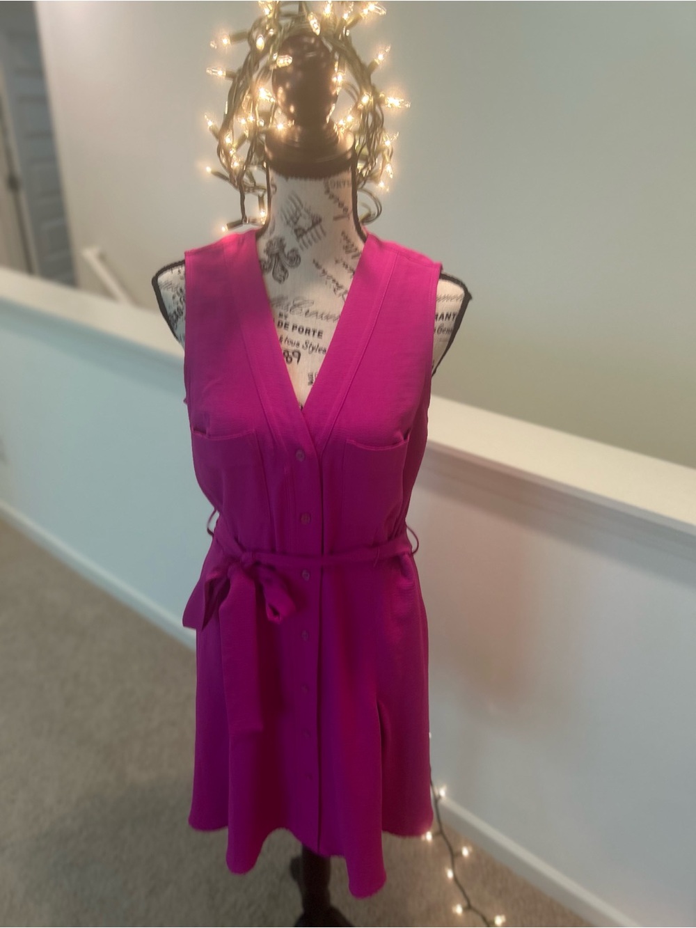 DKNY Size 6 Sleeveless Magenta Button-Front Tie-Waist Dress